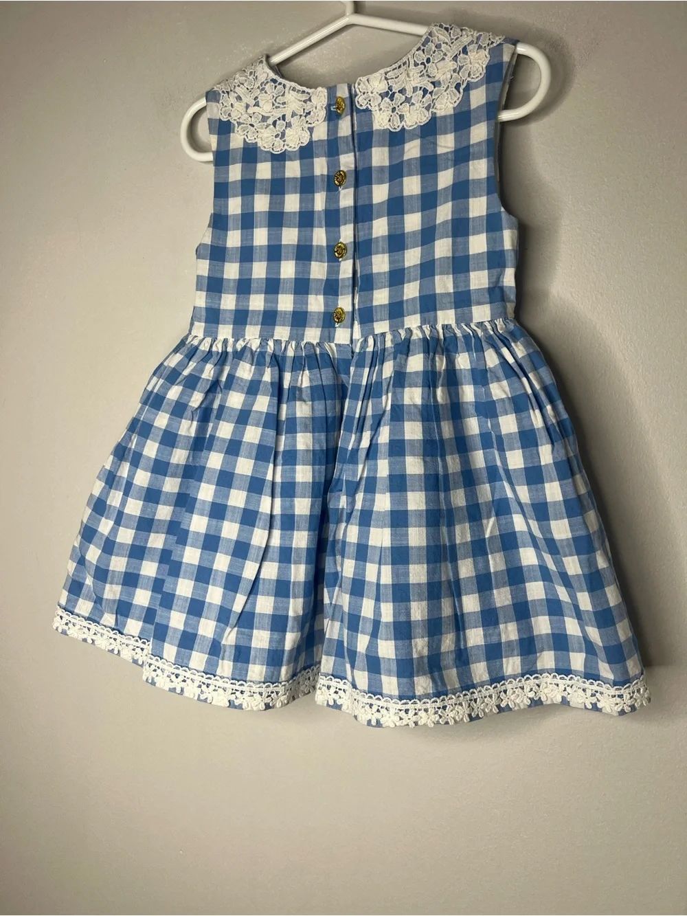 OshKosh B’gosh Blue Gingham Dress 3T Lace Collar Cotton Pockets Toddler Girl